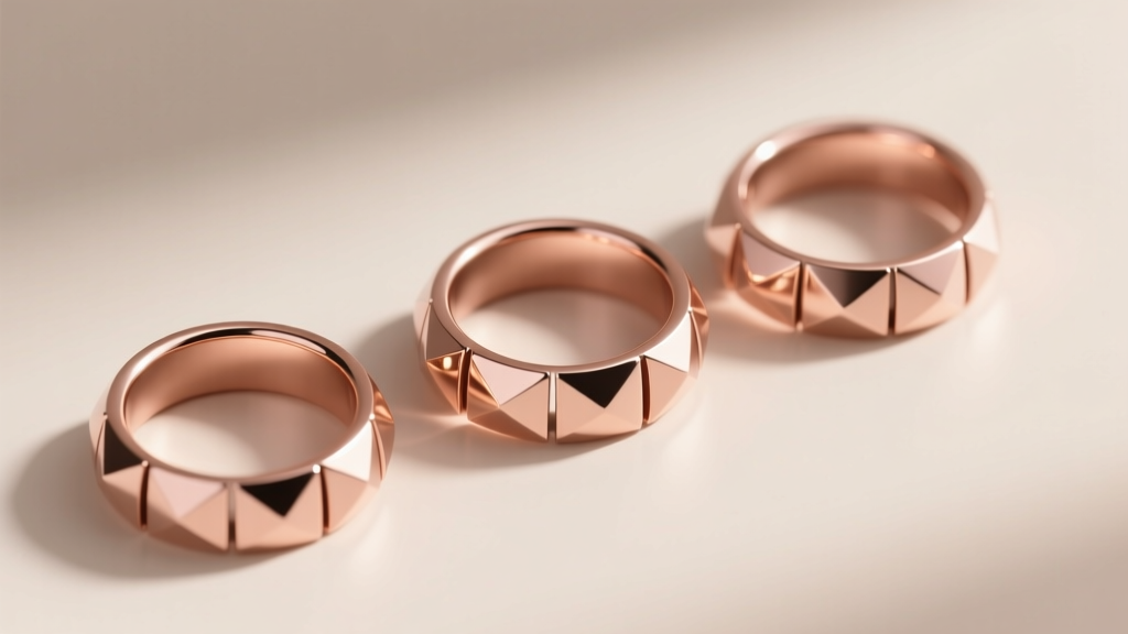 Top-down view of a healed frenum ladder featuring three matching 8-gauge titanium segment rings with subtle rose gold PVD coating