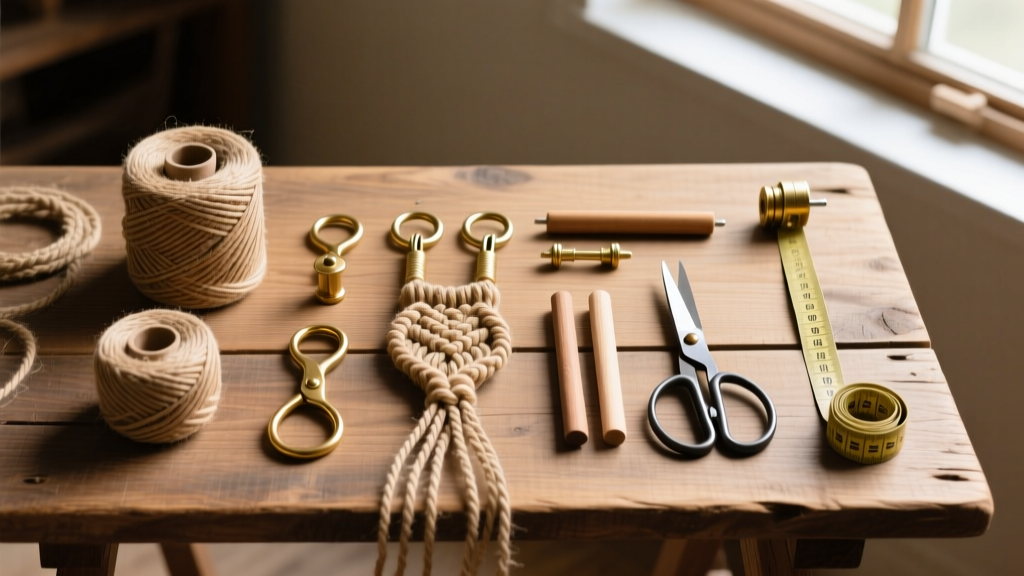 Overhead flat lay of natural tan hemp cord spools, brass fold-over cord ends, and macrame tools on a rustic wooden crafting table.
