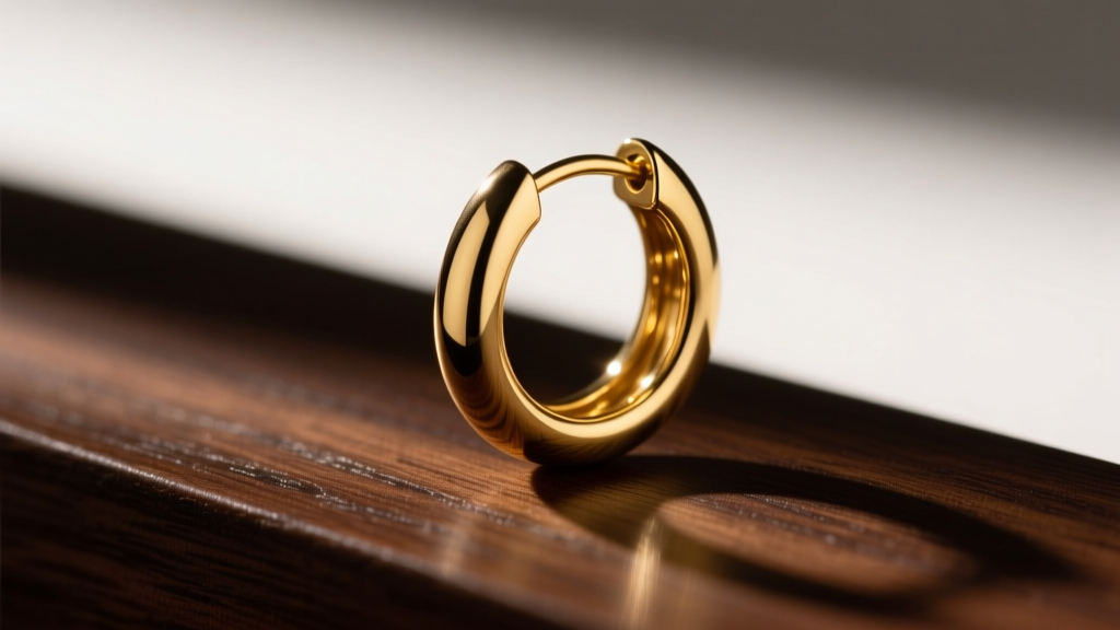 Close-up of a classic 14k yellow gold hoop earring, 15mm diameter, resting on polished dark hardwood, dramatic studio lighting.