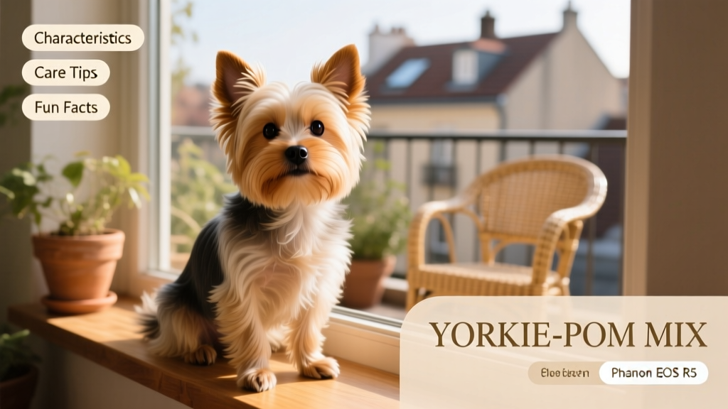 A cheerful Yorkie-Pom sitting on a sunlit windowsill, alert and curious