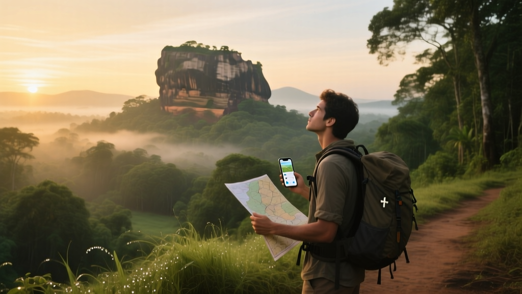 Sunrise over an expansive lush landscape with Sigiriya rock, a large rock formation, rising above the trees in Sri Lanka