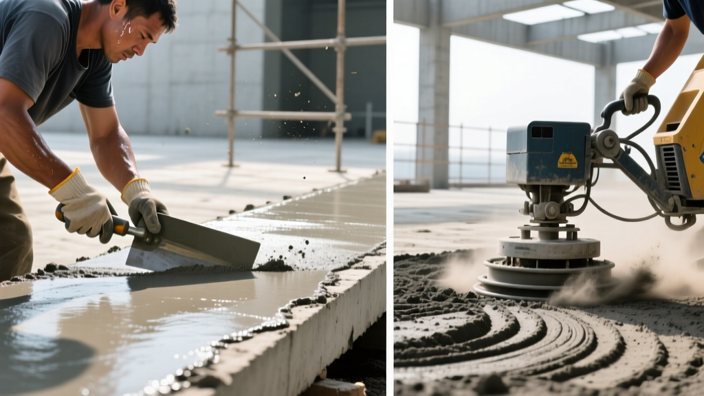Split view showing a worker troweling a wet concrete slab on the left and a tamper compacting dry-tamp zero-slump concrete base on the right