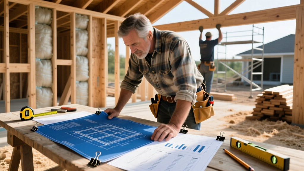 Owner-builder reviewing large blueprints and material cost spreadsheets on a wooden table at an active residential framing site