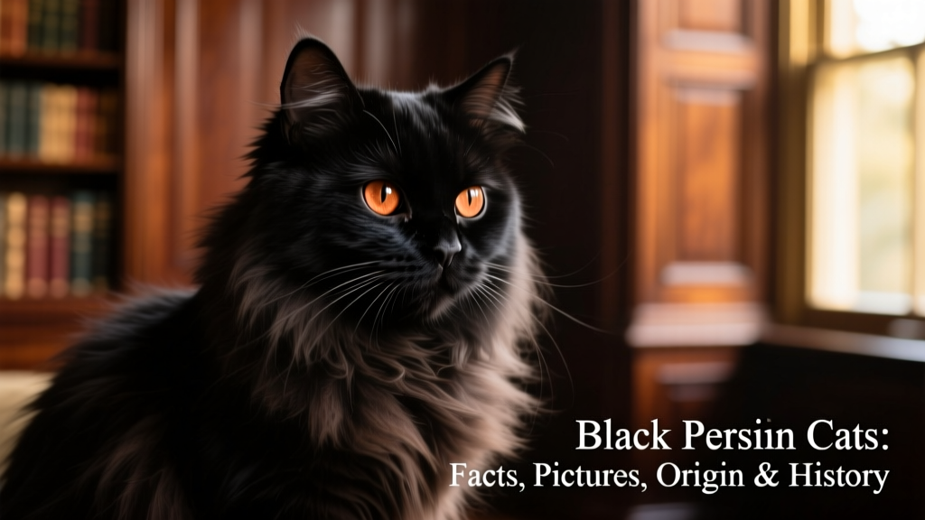 A close-up portrait of a glossy black Persian cat with expressive copper eyes and a plush, flowing coat