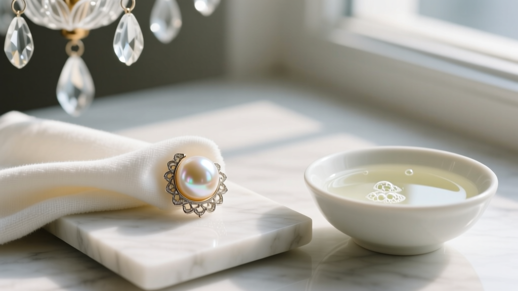Soft microfiber cloth wiping a creamy Akoya pearl on a chandelier earring, beside a small bowl of diluted castile soap on a marble slab