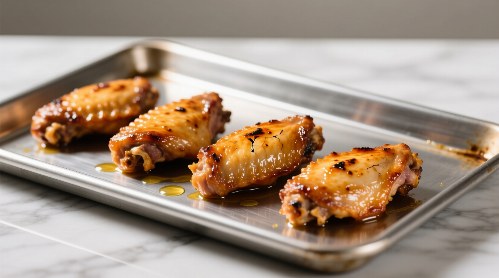 Perfectly cooked golden brown chicken wings on baking sheet