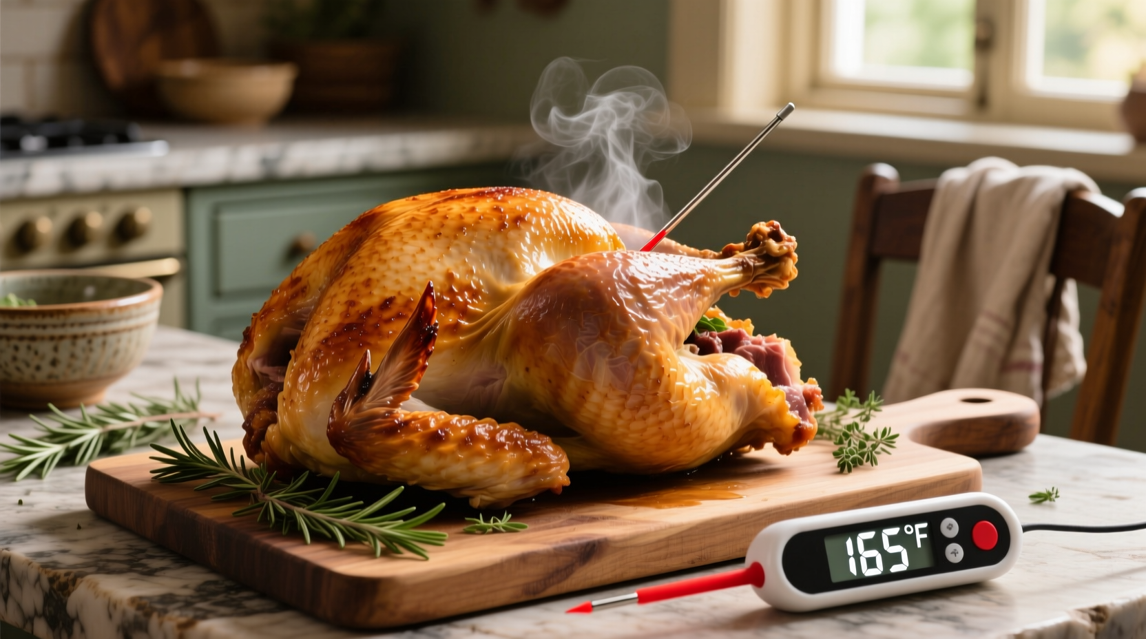 Turkey with thermometer showing 165 degrees