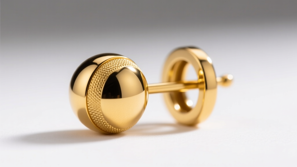 Side view of a PVD gold-coated titanium threadless earring ball, revealing the bent pin mechanism and rich yellow gold tone on white