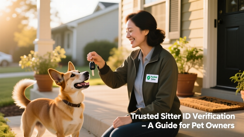 Friendly illustration of a pet owner handing keys to a verified sitter while their dog watches happily