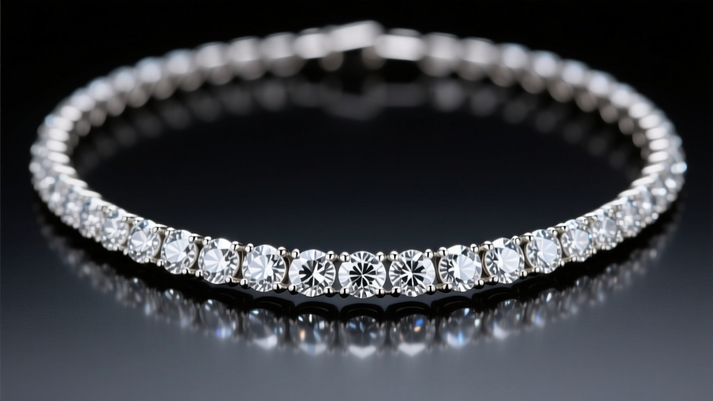 Macro shot of a graduated diamond rivière necklace with bezel-set round brilliant stones catching soft directional studio lighting.