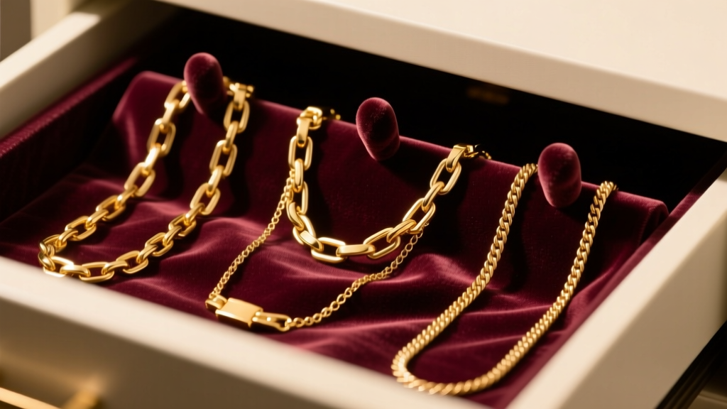 Gold Figaro and Rope chains hanging on velvet hooks inside a jewelry drawer, illuminated by soft, warm directional studio lighting