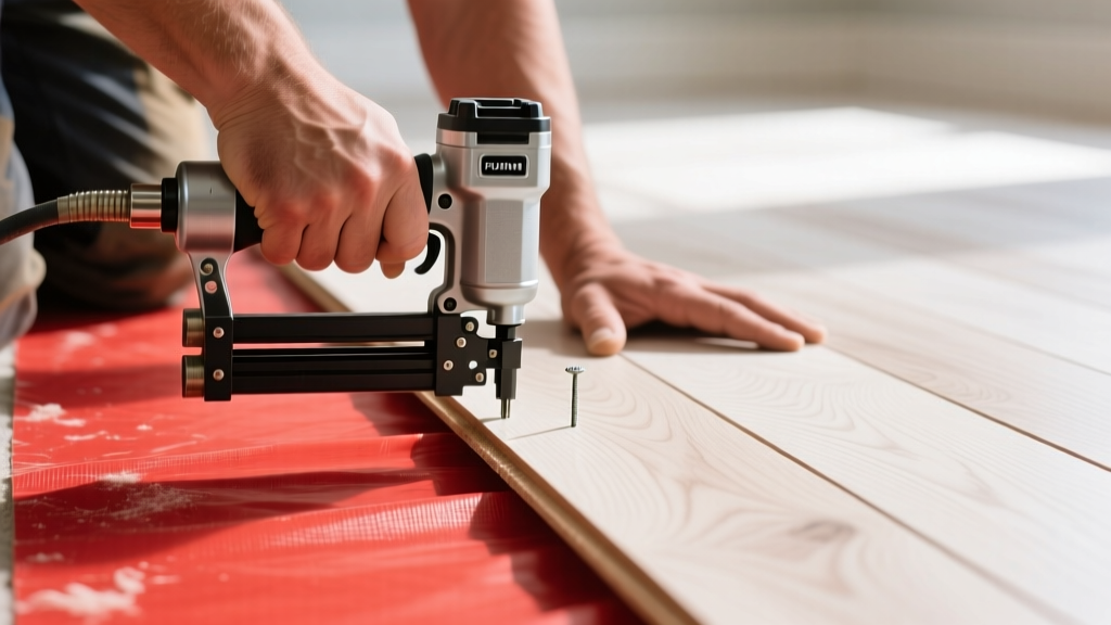 Close-up of a flooring installer using a pneumatic cleat nailer to secure wide-plank white oak flooring over a red rosin paper moisture barrier