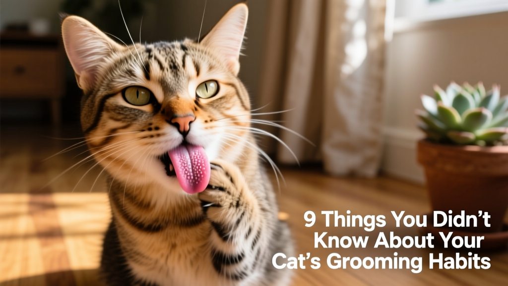 Cat mid-groom, tongue extended, showing papillae texture