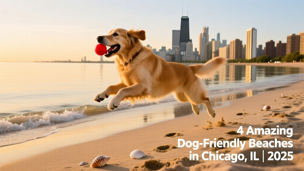 A golden retriever playing fetch at a sandy lakeside beach with calm water and a skyline in the distance