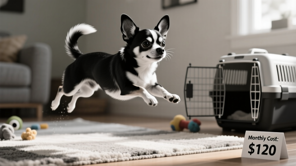 A black and white Chihuahua mid-jump, full of energy and personality