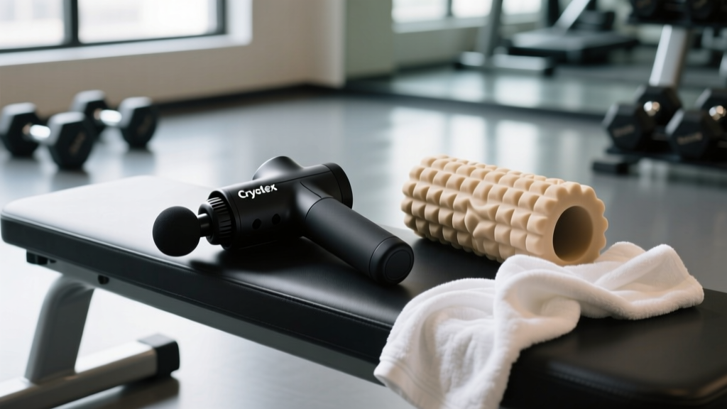 Close-up of a matte black Cryotex massage gun resting on a gym bench next to a textured foam roller and a sweat towel