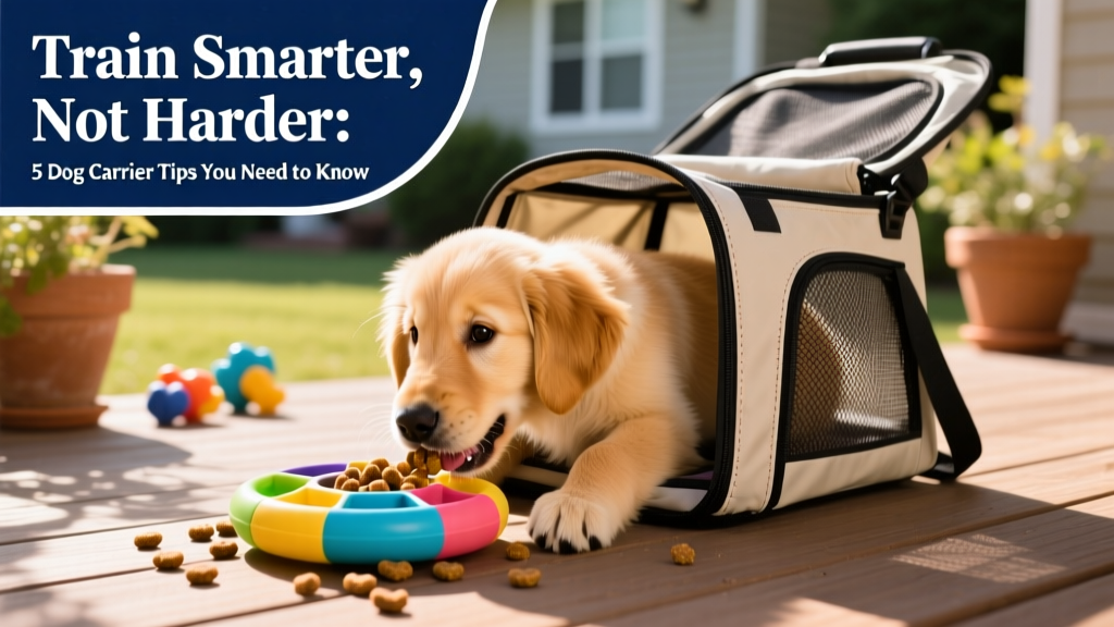 A dog happily eating kibble from a food puzzle toy placed inside an open carrier