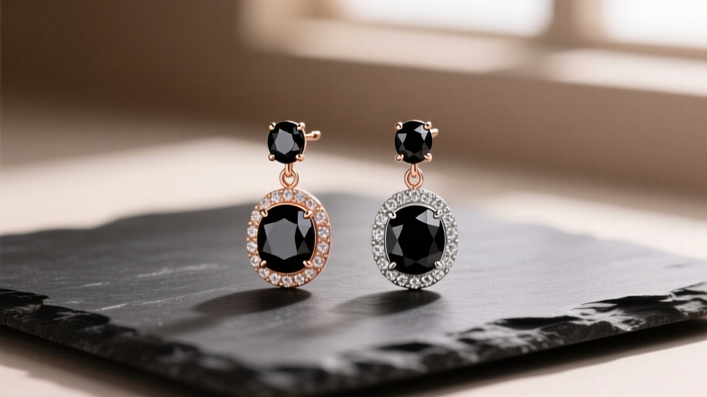 Flat lay of black diamond drop earrings in rose gold and platinum on dark slate, soft focus background, natural window lighting