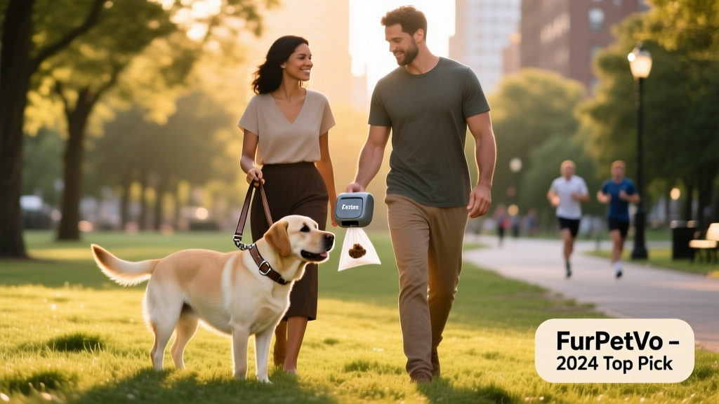 Person holding a dog on a leash while using a FurPetVo poop bag dispenser during an evening walk