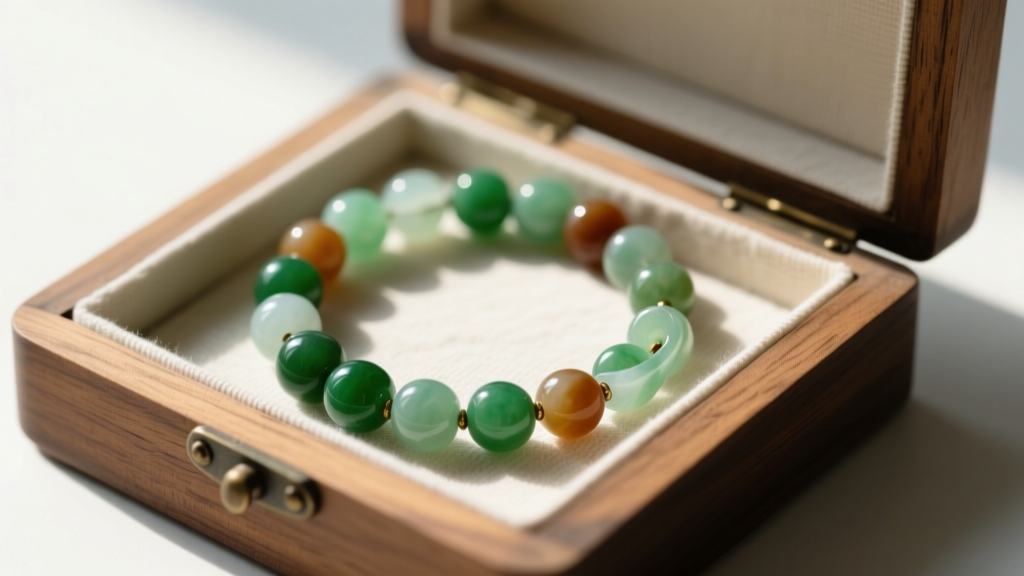 Antique jade bead necklace coiled loosely inside a cedar wood jewelry box lined with unbleached cotton to prevent moisture buildup