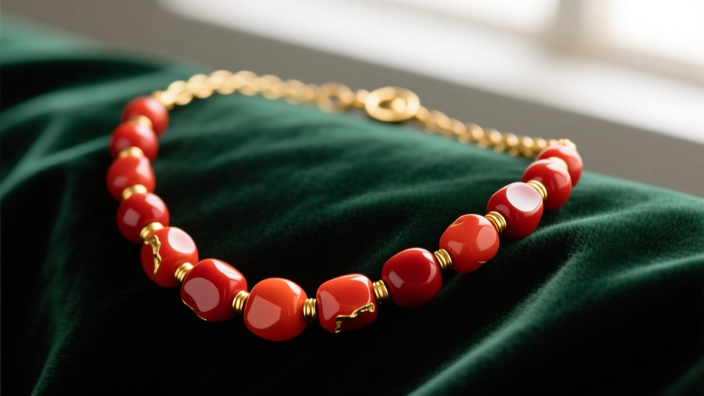 Close-up of a vintage 14k yellow gold necklace featuring graduated ox-blood red coral beads resting on dark green velvet fabric.