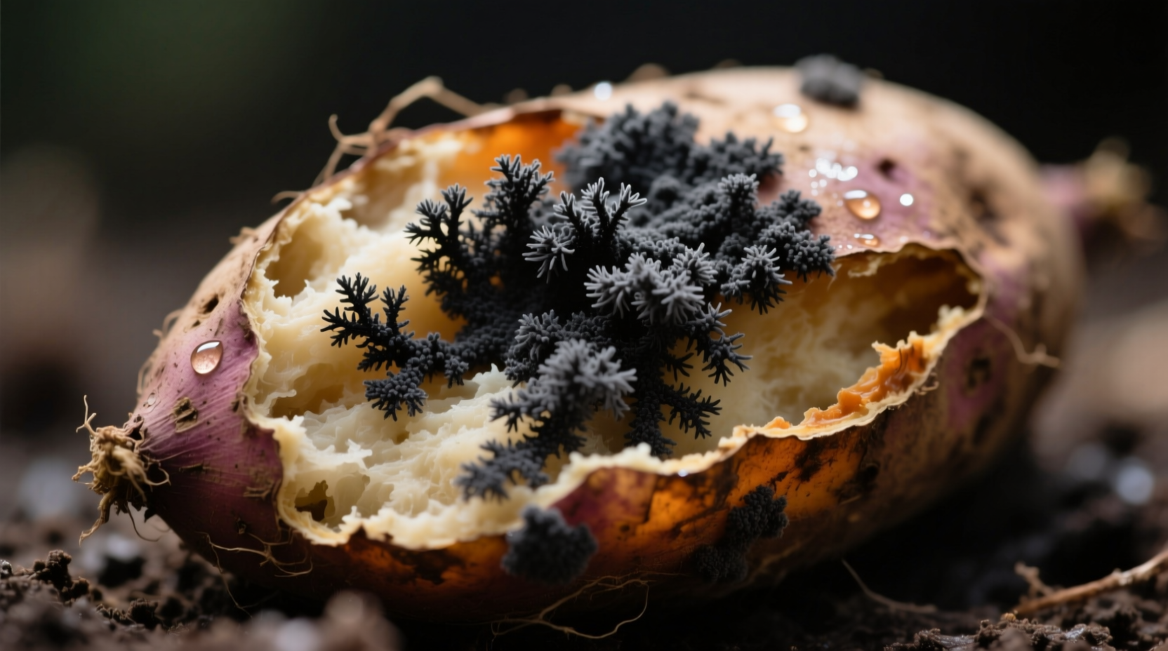 Close-up of mouldy sweet potato showing black fuzzy growth