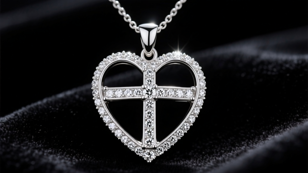 Close-up of a platinum heart with cross necklace with micro-pave diamonds along the crossbar against a dark velvet background.
