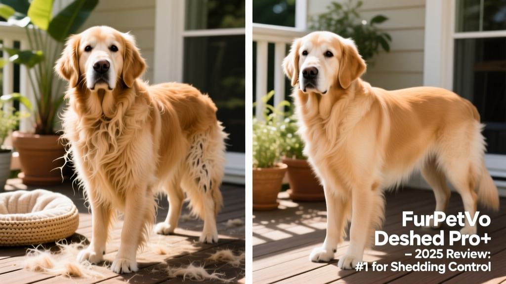 Side-by-side comparison of dog fur before and after using FurPetVo Deshed Pro+ shampoo, showing noticeably less loose undercoat