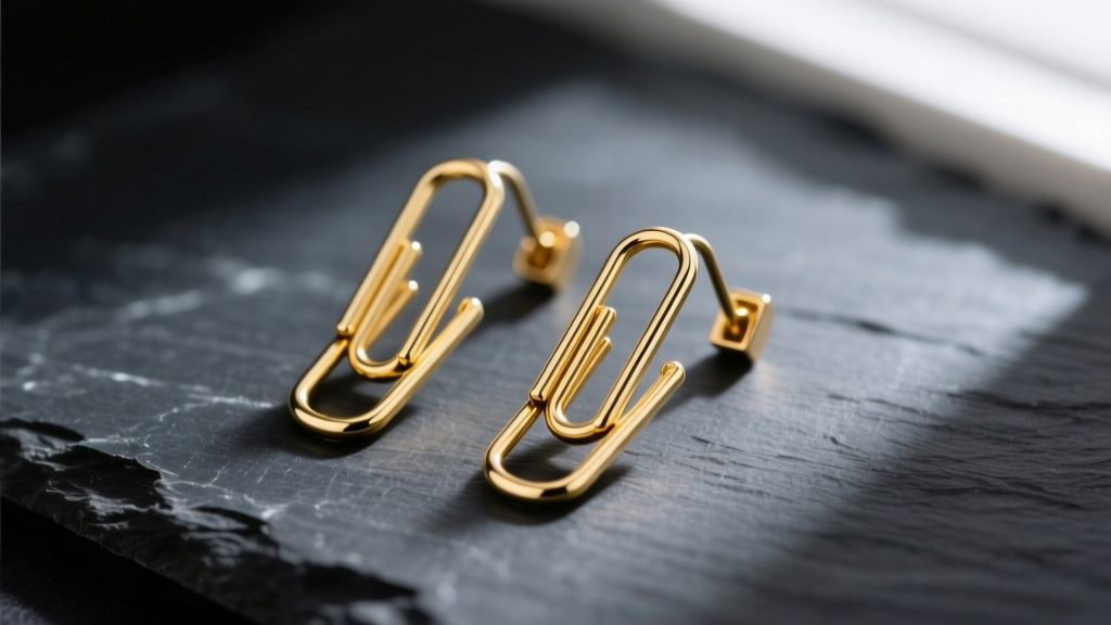 Close-up of 14k gold paper clip drop earrings on dark slate, highlighting elongated rectangular links and metal friction points.