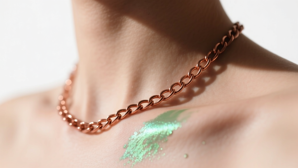 Close-up of a collarbone showing a faint green metallic smudge on skin beneath a delicate copper-alloy chain necklace in sunlight.
