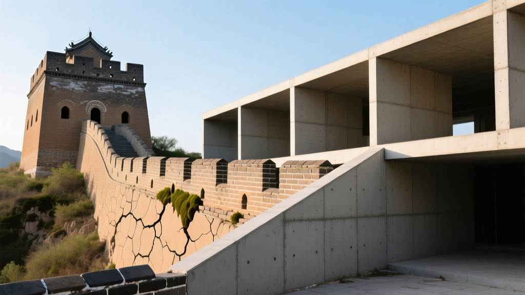 Weathered ancient brick and rammed earth sections of the Great Wall of China contrasting with a modern structural concrete formwork setup