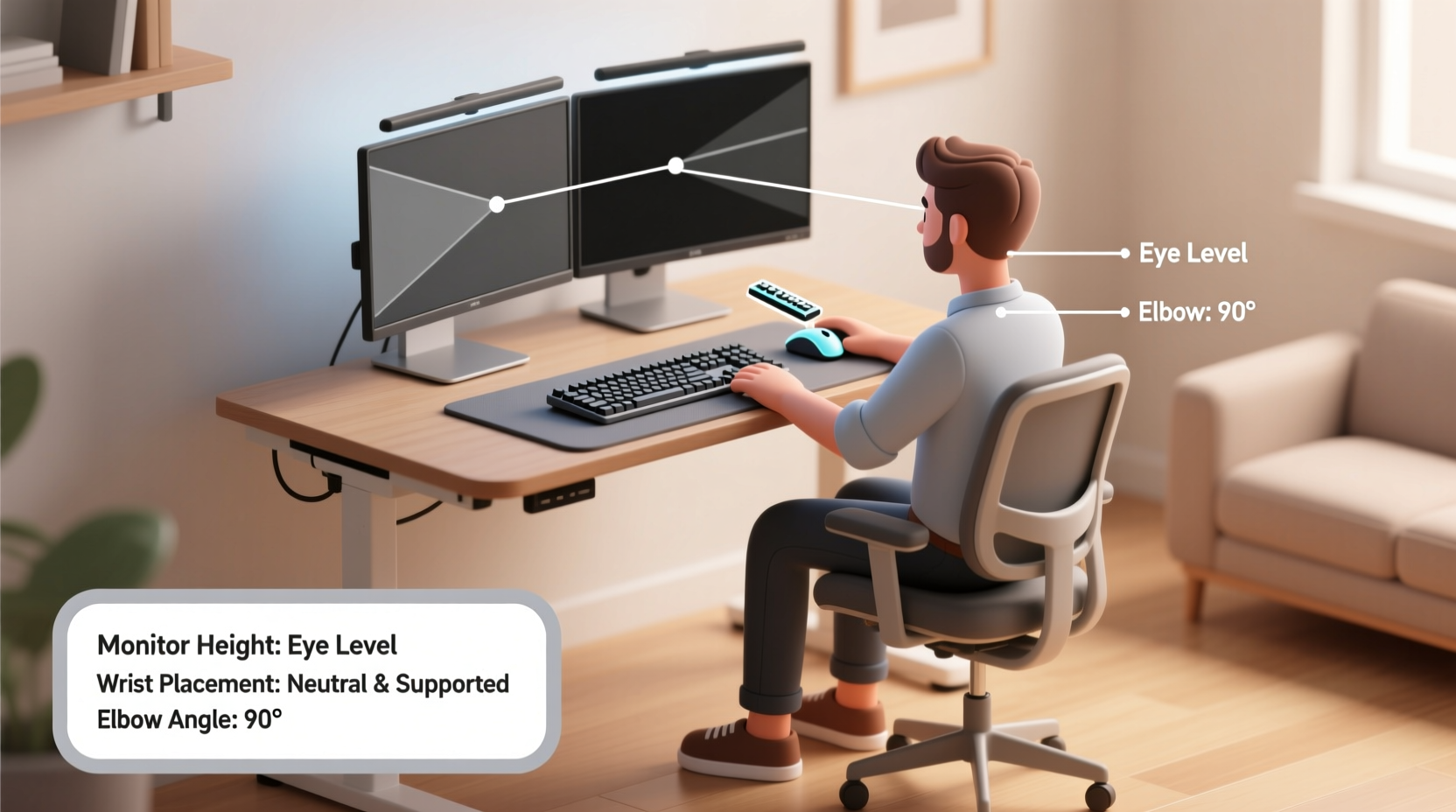 remote work setup ergonomic guide monitor height and wrist placement