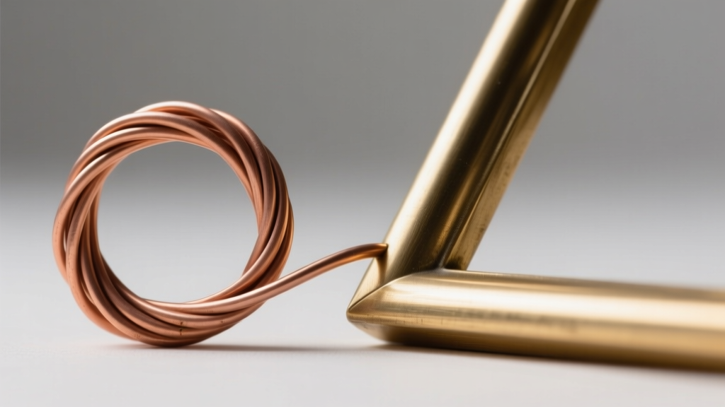 Macro view of dead soft copper wire coiled beside a rigid half-hard brass frame, showing difference in metal temper and stiffness