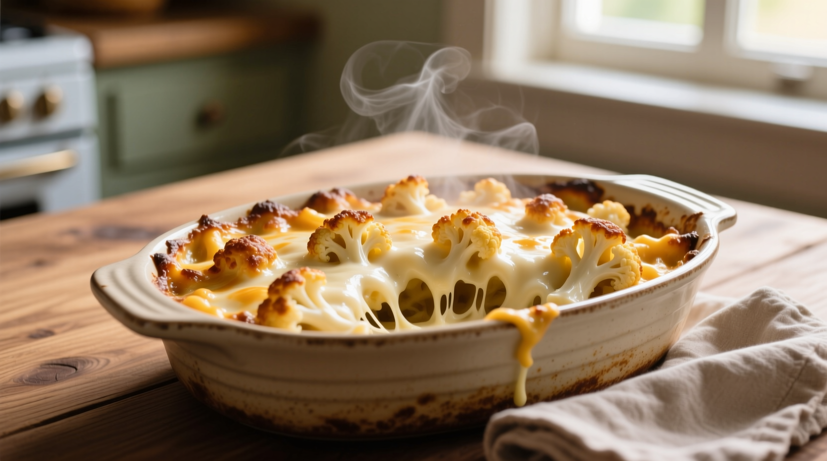 Creamy cauliflower mac and cheese in baking dish