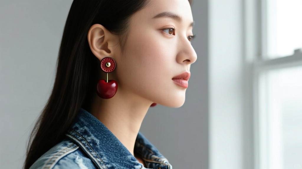 Side profile of a woman wearing Coach leather cherry stud earrings, highlighting the glove-tanned texture against a denim jacket.