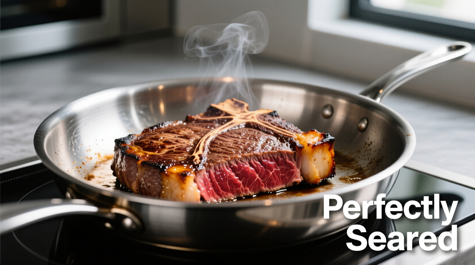 Perfectly seared steak in stainless steel pan