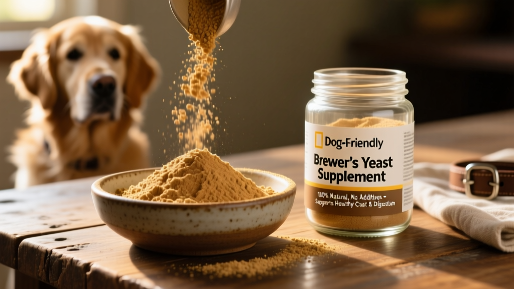 Close-up of golden-brown brewer's yeast powder in a small bowl next to a dog-friendly supplement jar