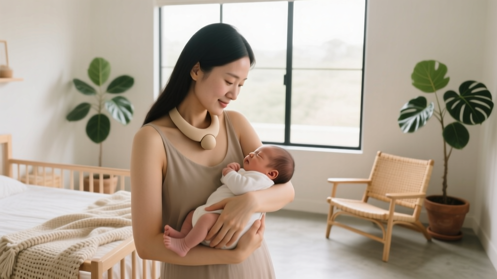 Mother wearing a minimalist, matte-beige silicone nursing necklace while holding a baby in a bright, modern nursery setting