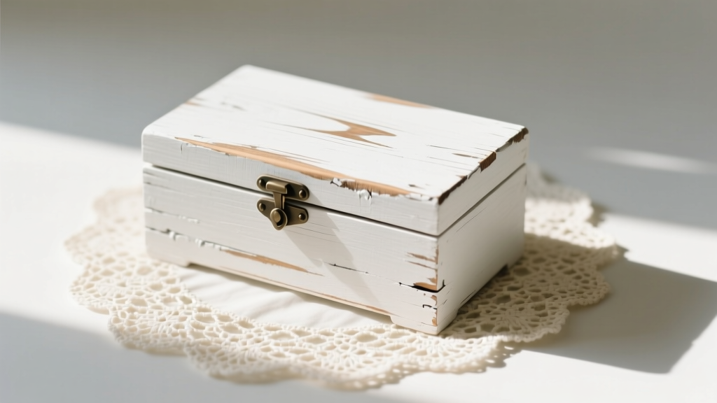 Distressed white chalk-paint shabby chic jewelry box made of reclaimed pine on a vintage lace doily in soft morning light