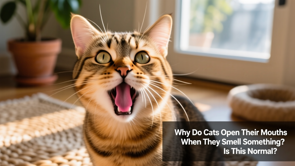 Close-up of a cat mid-flehmen response: mouth slightly open, upper lip curled, eyes focused