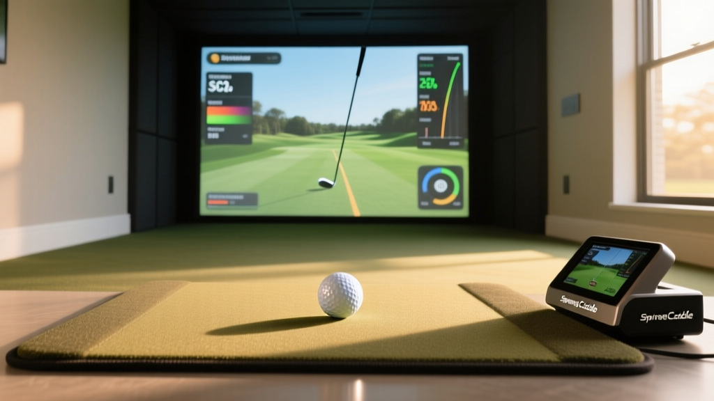 Overhead golf simulator setup showing the Swing Caddie SC4 launch monitor on the mat behind a ball with swing data on a screen.
