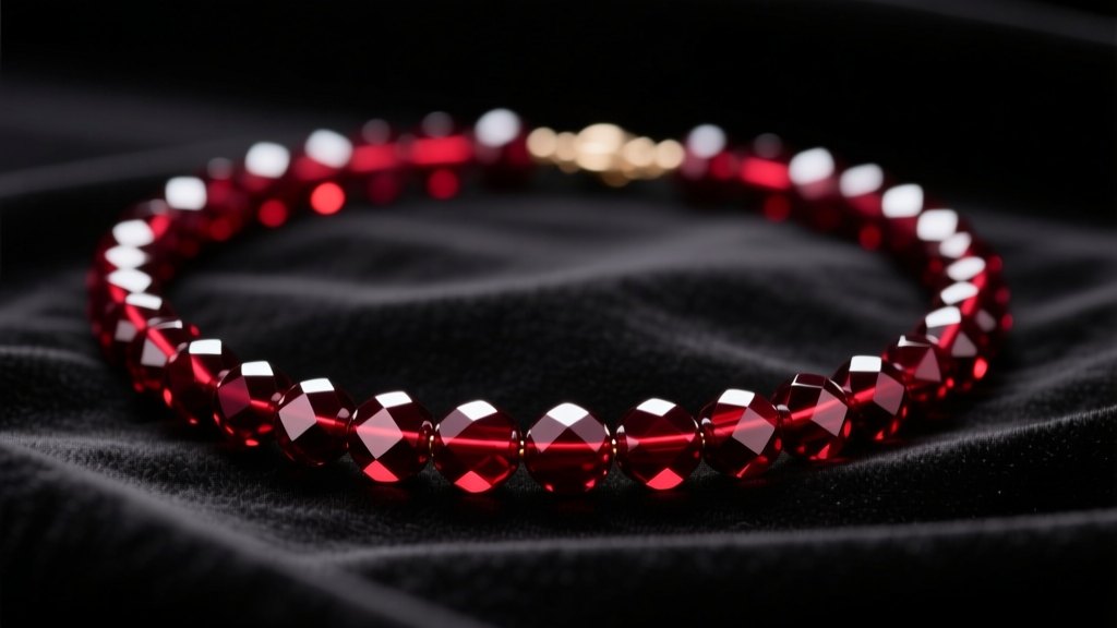 Close-up of a burgundy bead necklace on dark velvet, highlighting deep red reflections and faceted beads under soft studio lighting.