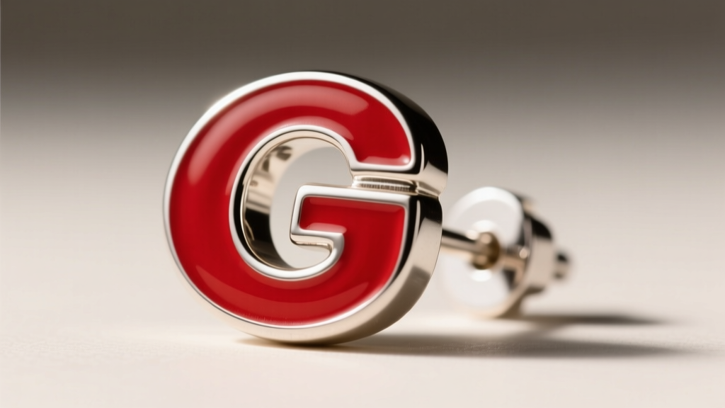 Macro shot of a red enameled UGA arched G logo earring showing the smooth vitreous enamel finish against a polished silver post