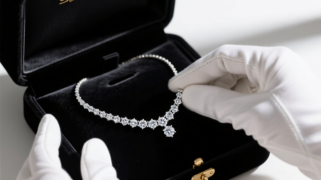 White cotton gloves carefully placing a diamond tennis necklace into the snap loops of a plush black velvet jewelry box interior.