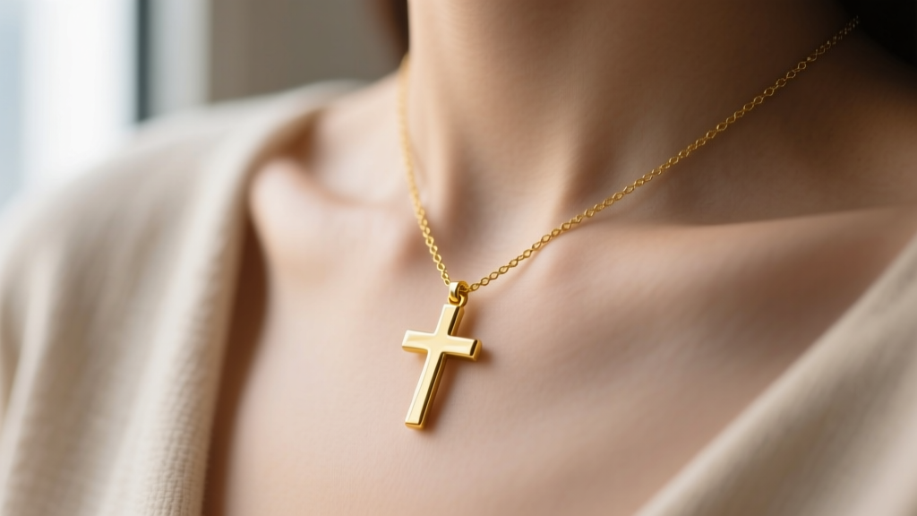 Macro shot of a delicate 14k solid yellow gold minimalist cross necklace resting on a collarbone in soft natural light