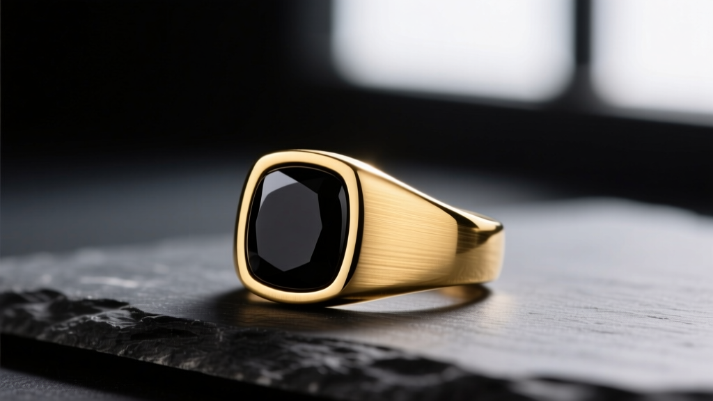 Macro shot of a heavy 18k yellow gold signet ring with a brushed matte finish and flush-set black onyx resting on dark slate.