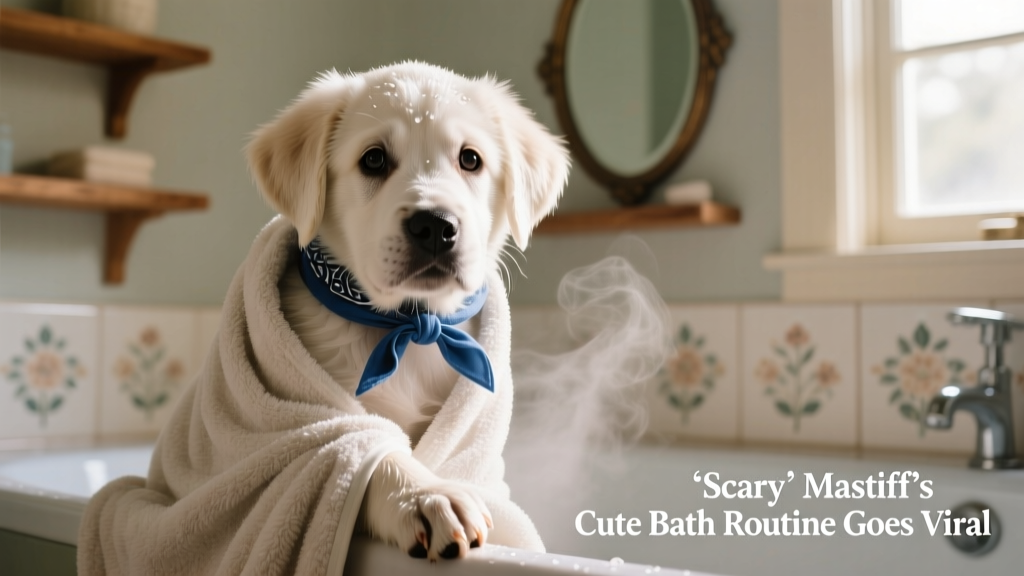 Bridget wrapped in a fluffy towel after her bath, wearing a tiny blue bandana and gazing adoringly at the camera