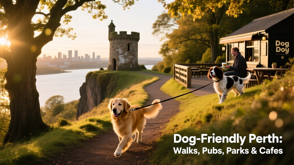 A wooded hillside trail with dappled sunlight, leading toward a stone folly overlooking Perth and the River Tay