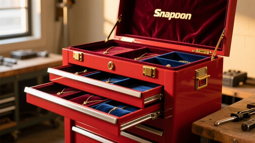 Red Snap-on tool chest converted to a jewelry box, drawers open to show velvet-lined compartments under warm workshop lighting.