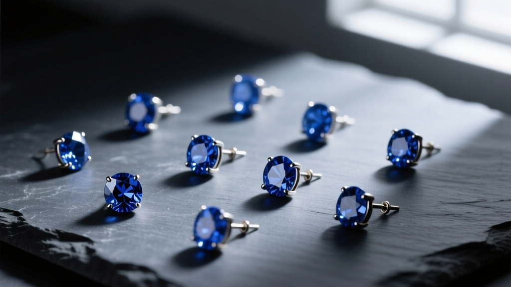Flat lay of Beau Jewels raw sapphire threadless earring ends scattered on a dark slate surface with soft, moody directional lighting